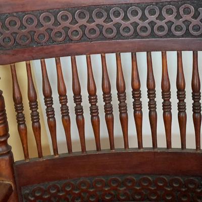 LOT 325: Vintage/Antique Wood and Red Upholstered Rocking Chair with Matching Ottoman