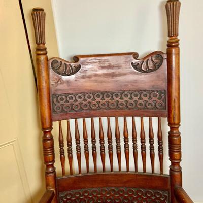 LOT 325: Vintage/Antique Wood and Red Upholstered Rocking Chair with Matching Ottoman