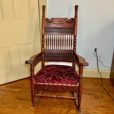 LOT 325: Vintage/Antique Wood and Red Upholstered Rocking Chair with Matching Ottoman