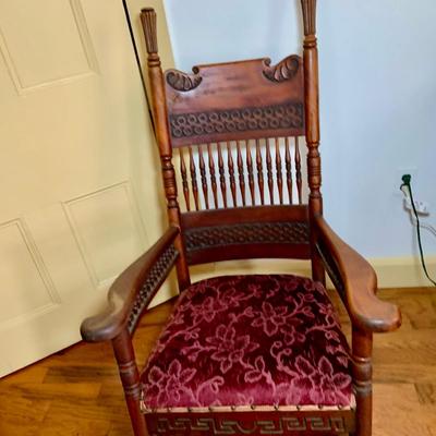LOT 325: Vintage/Antique Wood and Red Upholstered Rocking Chair with Matching Ottoman