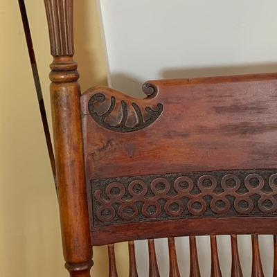 LOT 325: Vintage/Antique Wood and Red Upholstered Rocking Chair with Matching Ottoman