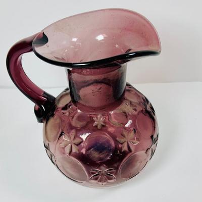 LOT 330: Vintage Clevenger Brothers 18-19th Century Glass Reproduction Amethyst and Green Amber Pitchers, and Amber Bowl