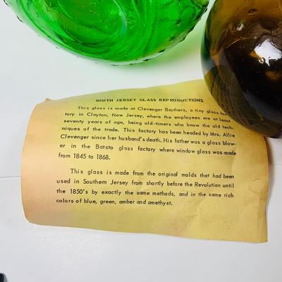 LOT 330: Vintage Clevenger Brothers 18-19th Century Glass Reproduction Amethyst and Green Amber Pitchers, and Amber Bowl