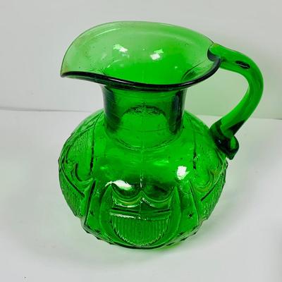 LOT 330: Vintage Clevenger Brothers 18-19th Century Glass Reproduction Amethyst and Green Amber Pitchers, and Amber Bowl