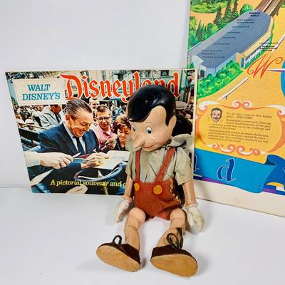 LOT 331: Vintage Composite Disney Pinocchio Doll (see description) and Disneyland Booklet and Map