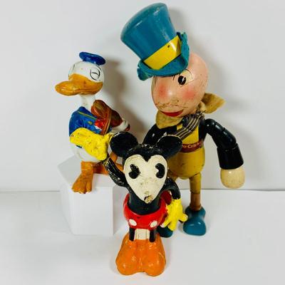 LOT 332: Vintage Disney Characters, Wooden Mickey Mouse and Jiminy Cricket and Ceramic Donald Duck