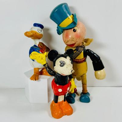 LOT 332: Vintage Disney Characters, Wooden Mickey Mouse and Jiminy Cricket and Ceramic Donald Duck