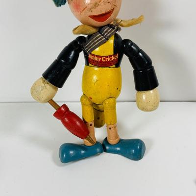 LOT 332: Vintage Disney Characters, Wooden Mickey Mouse and Jiminy Cricket and Ceramic Donald Duck