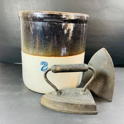 LOT 335: Vintage #2 Stoneware Crock and 2 Cast Irons