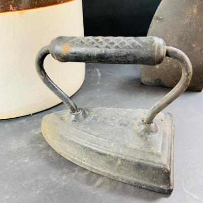 LOT 335: Vintage #2 Stoneware Crock and 2 Cast Irons