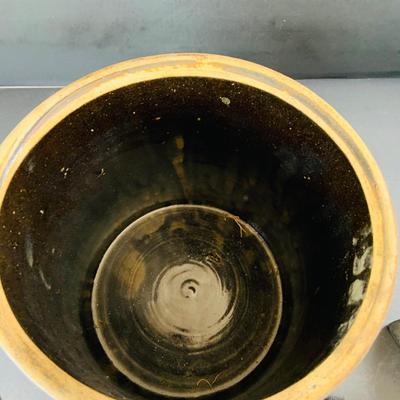 LOT 335: Vintage #2 Stoneware Crock and 2 Cast Irons