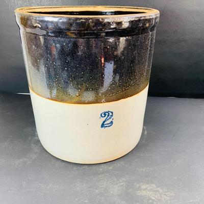 LOT 335: Vintage #2 Stoneware Crock and 2 Cast Irons