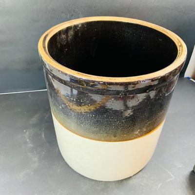 LOT 335: Vintage #2 Stoneware Crock and 2 Cast Irons