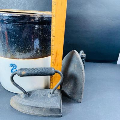 LOT 335: Vintage #2 Stoneware Crock and 2 Cast Irons