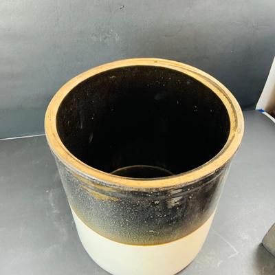 LOT 335: Vintage #2 Stoneware Crock and 2 Cast Irons