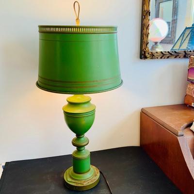 LOT 337: Vintage Green Metal Tolware Table Lamp