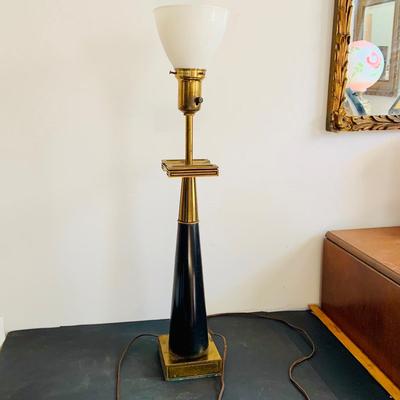 LOT 340: Mid Centry Stiffel Black and Gold Table Lamp with Gold Shade