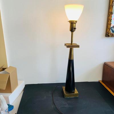 LOT 340: Mid Centry Stiffel Black and Gold Table Lamp with Gold Shade