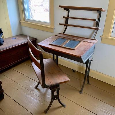 LOT 349: Antique/Vintage Wood and Cast Iron Student's Desk with attached Shelf and Chair and Slate Chalkboard