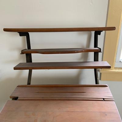 LOT 349: Antique/Vintage Wood and Cast Iron Student's Desk with attached Shelf and Chair and Slate Chalkboard