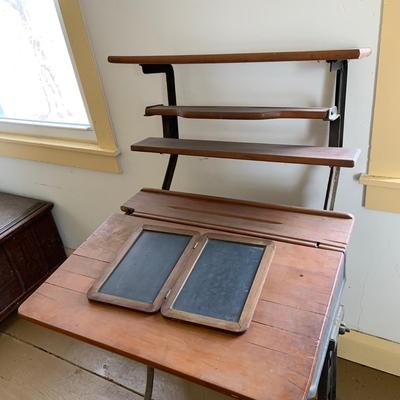 LOT 349: Antique/Vintage Wood and Cast Iron Student's Desk with attached Shelf and Chair and Slate Chalkboard