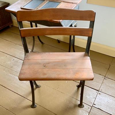 LOT 349: Antique/Vintage Wood and Cast Iron Student's Desk with attached Shelf and Chair and Slate Chalkboard