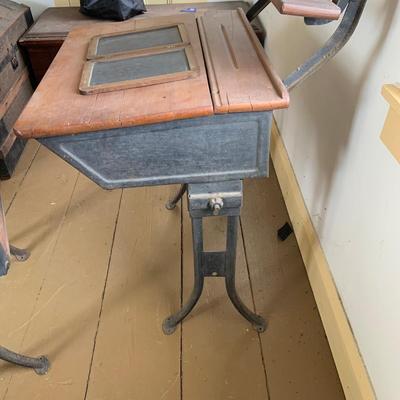 LOT 349: Antique/Vintage Wood and Cast Iron Student's Desk with attached Shelf and Chair and Slate Chalkboard
