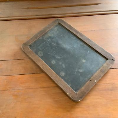 LOT 349: Antique/Vintage Wood and Cast Iron Student's Desk with attached Shelf and Chair and Slate Chalkboard