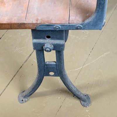 LOT 349: Antique/Vintage Wood and Cast Iron Student's Desk with attached Shelf and Chair and Slate Chalkboard