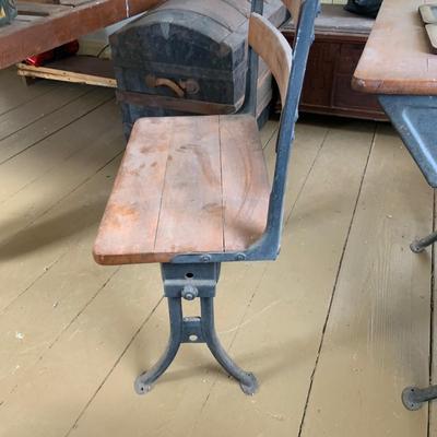 LOT 349: Antique/Vintage Wood and Cast Iron Student's Desk with attached Shelf and Chair and Slate Chalkboard