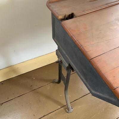 LOT 349: Antique/Vintage Wood and Cast Iron Student's Desk with attached Shelf and Chair and Slate Chalkboard