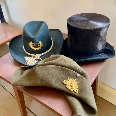 LOT 350: Vintage/Antique Hats - Seeds Stovepipe Top Hat, Replicia Confederate States of America Hat and Austrianila Miltrary Forces Hat