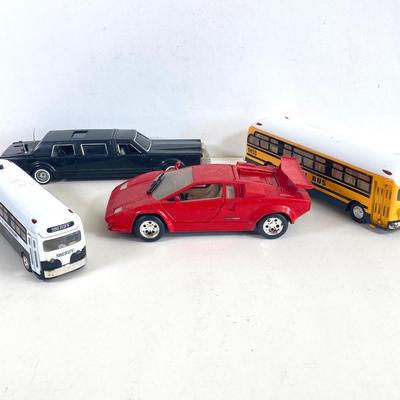 LOT 356: Vintage Die Cast Toy Cars - Lamborghini, Lincoln Limousine, School Bus and Sheriff's Dept. Bus