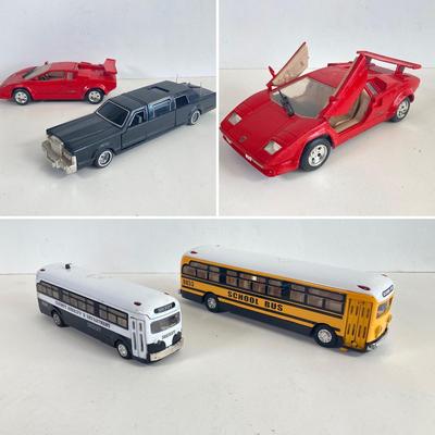 LOT 356: Vintage Die Cast Toy Cars - Lamborghini, Lincoln Limousine, School Bus and Sheriff's Dept. Bus