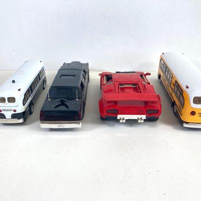 LOT 356: Vintage Die Cast Toy Cars - Lamborghini, Lincoln Limousine, School Bus and Sheriff's Dept. Bus
