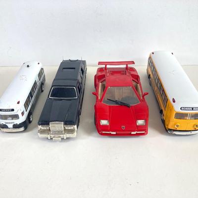 LOT 356: Vintage Die Cast Toy Cars - Lamborghini, Lincoln Limousine, School Bus and Sheriff's Dept. Bus