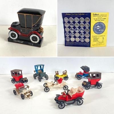 LOT 359: Antique Car Collection - Plastic Toy Cars, Sunoco Car Coins and Ceramic 1913 Chevrolet