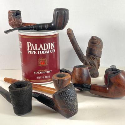 LOT 362: Collection of Nine Vintage / Carved Pipes with Paladin Pipe Tobacco Canister