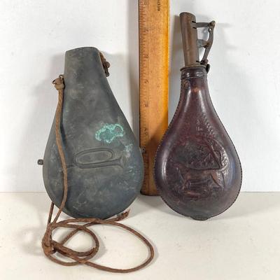 LOT 363: Antique / Vintage Hunting Dog Black Powder Leather Pouch Flask and Public Property Powder Flask