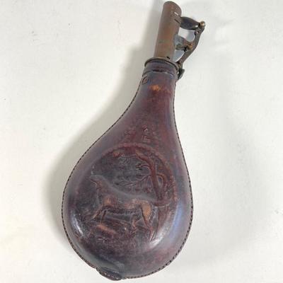 LOT 363: Antique / Vintage Hunting Dog Black Powder Leather Pouch Flask and Public Property Powder Flask