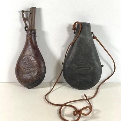 LOT 363: Antique / Vintage Hunting Dog Black Powder Leather Pouch Flask and Public Property Powder Flask
