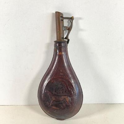 LOT 363: Antique / Vintage Hunting Dog Black Powder Leather Pouch Flask and Public Property Powder Flask
