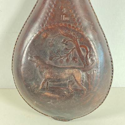 LOT 363: Antique / Vintage Hunting Dog Black Powder Leather Pouch Flask and Public Property Powder Flask