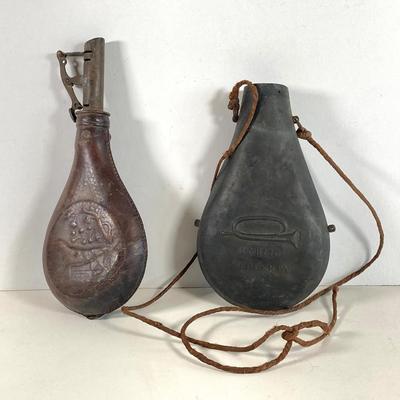 LOT 363: Antique / Vintage Hunting Dog Black Powder Leather Pouch Flask and Public Property Powder Flask