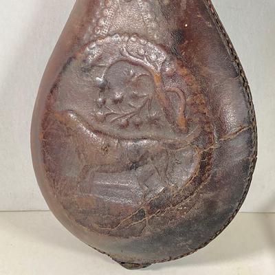 LOT 363: Antique / Vintage Hunting Dog Black Powder Leather Pouch Flask and Public Property Powder Flask