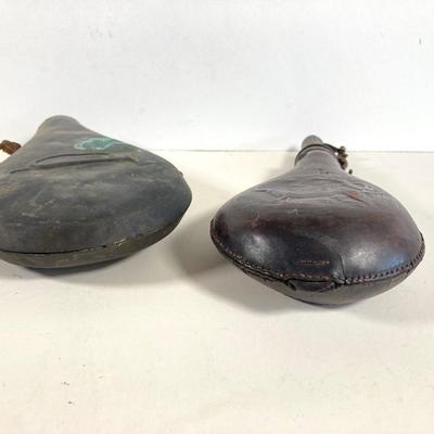 LOT 363: Antique / Vintage Hunting Dog Black Powder Leather Pouch Flask and Public Property Powder Flask