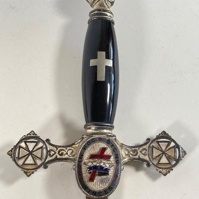 LOT 364: Vintage In Hoc Signo Vinces Monogramed Sword with Sheath, Leather Carrying Case and Protective Cloth