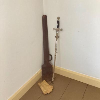 LOT 364: Vintage In Hoc Signo Vinces Monogramed Sword with Sheath, Leather Carrying Case and Protective Cloth