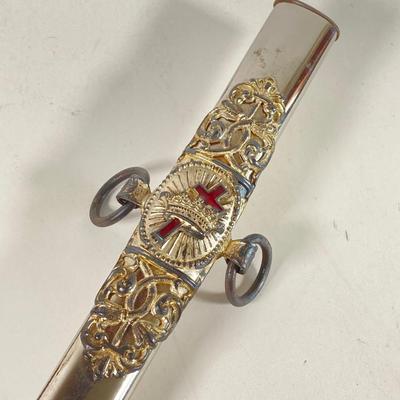 LOT 364: Vintage In Hoc Signo Vinces Monogramed Sword with Sheath, Leather Carrying Case and Protective Cloth