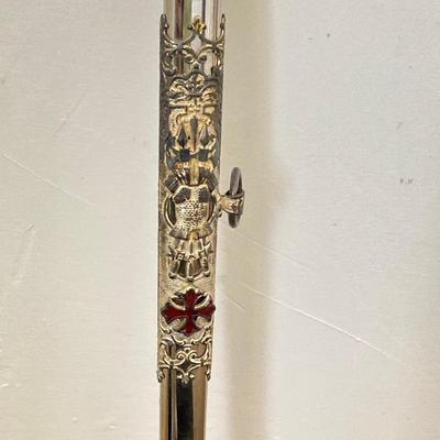 LOT 364: Vintage In Hoc Signo Vinces Monogramed Sword with Sheath, Leather Carrying Case and Protective Cloth